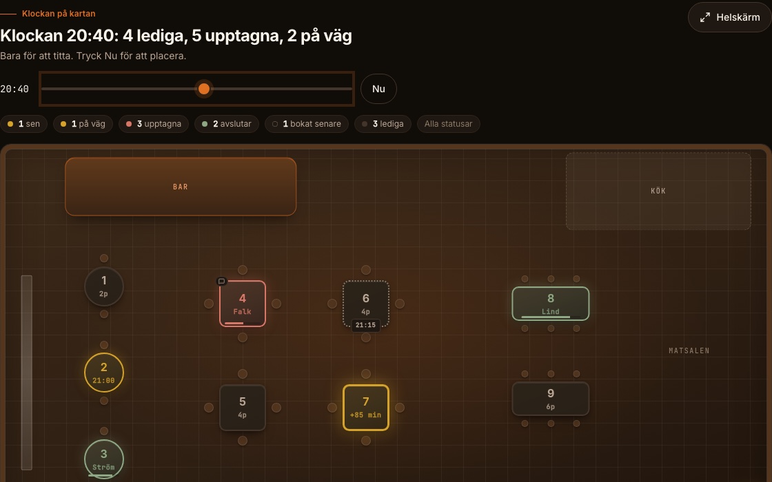 Skärmbild av kartan i Bordflow med klockan dragen till senare i kväll: salen som den ser ut då, med upptagna, lediga och kommande bord.