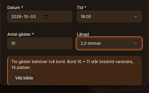 Skärmbild av Ny bokning i Bordflow för tio gäster, med förslaget att sätta ihop bord 10 och 11 till 14 platser.