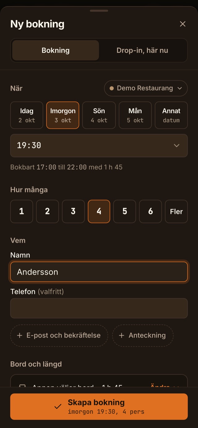 Skärmbild av Ny bokning i Bordflow på en telefon: imorgon 19:30, fyra gäster, Andersson.